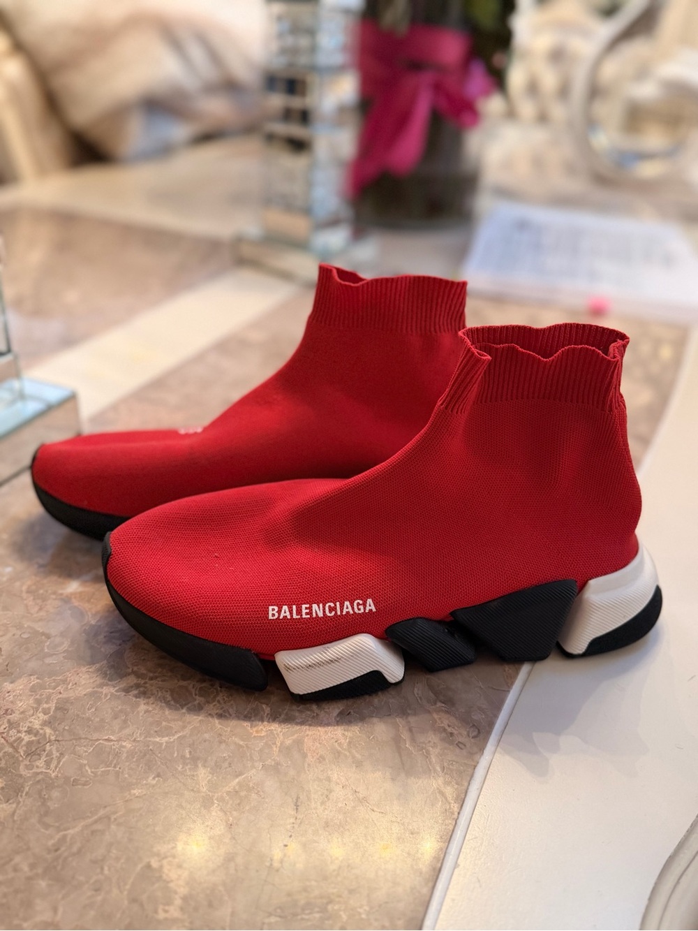 Balenciaga Red Knit Sock Runner Sneakers with Black & White Sole